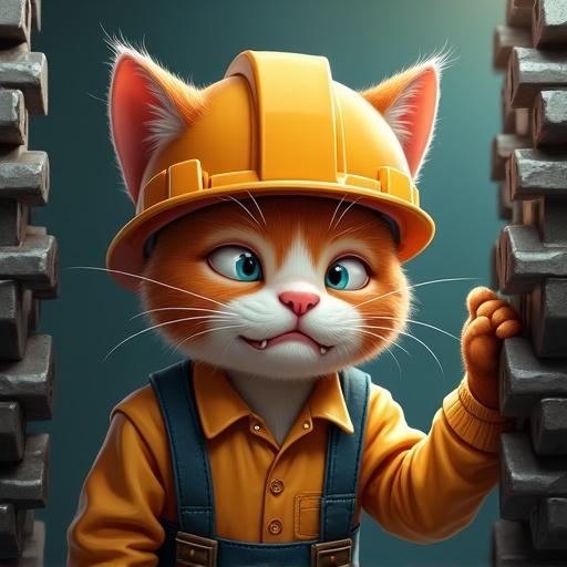A semi-realistic cat wearing a safety helmet and work clothes, with a pained expression and teary eyes. The paw is stuck between gears, showcasing a grimace. The cat has a slightly bruised face. The scene depicts a dramatic industrial accident with cartoon realism.