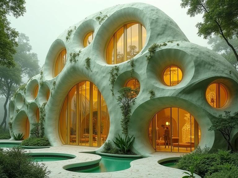 Futuristic building designed in Art Nouveau style. Walls made of stained translucent cellulose like organic glass. Mycelium columns look like vines. Soft green and gold tones present. Human figures integrated into the structure. Flowing curves inspired by plants and shells. Natural symmetry evident. Elegantly poetic architectural design.