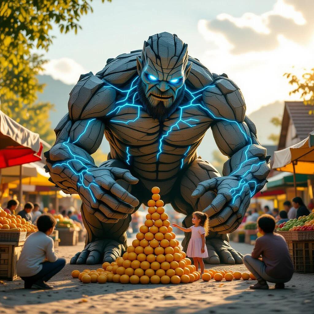 A large rocky golem with blue veins crouches in a market. It mimics a girl stacking fruit. Villagers are scared nearby. A girl is happy teaching it. The scene is illuminated by golden-hour light with soft focus on the golem's eyes.