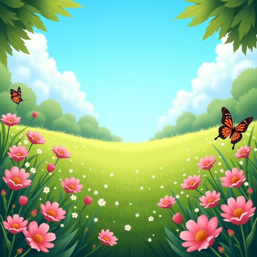 A colorful meadow with flowers and butterflies under a blue sky. Suitable for casual game backgrounds. Bright and cheerful with vibrant colors.