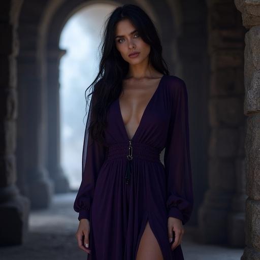 A mysterious elegant woman stands in soft moonlight. She has sharp violet eyes and long dark hair. A flowing dark violet dress is cinched at the waist. The dress has a high slit along one leg. The setting is dim with ancient stone and shadows. Her expression is composed. She has a poised posture.
