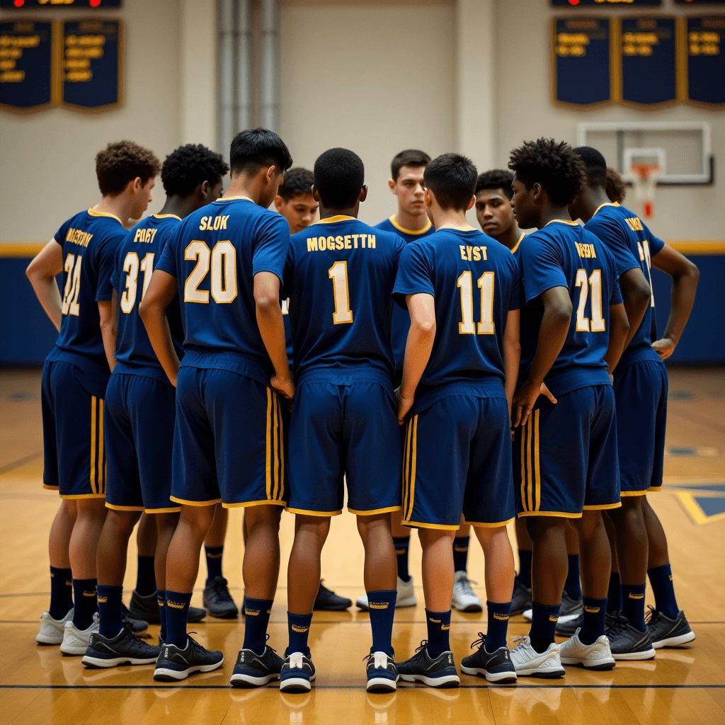 A basketball team gathered in a huddle wearing blue jerseys with yellow accents.