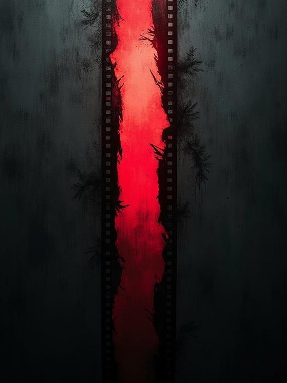 Dark textured background with a vertical damaged film strip. Strip tears downward with jagged edges and gaps. Faint red glowing frame fades down the strip. Torn sprocket holes and uneven alignment present. Black acid corrosion spreads along edges. Eerie industrial mood with subtle layered textures and moody lighting.