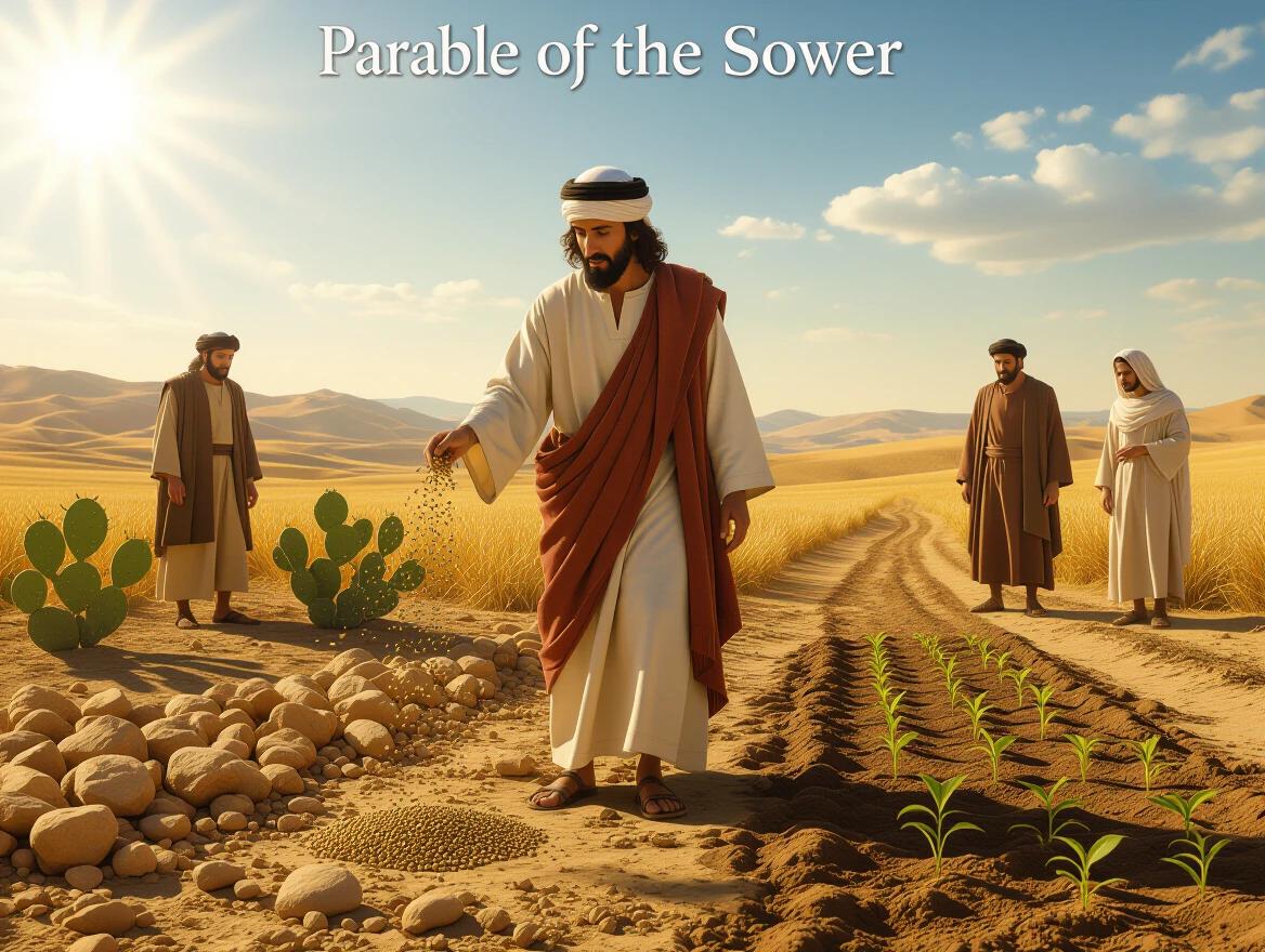 Ultrarealistic depiction of Parable of the Sower Middle Eastern man in traditional attire standing in dry field under bright sky scattering seeds by hand Four types of soil visible Rocky patch thorny bushes well-trodden path fertile soil with sprouts Golden sunlight warm atmosphere calm spiritual tone