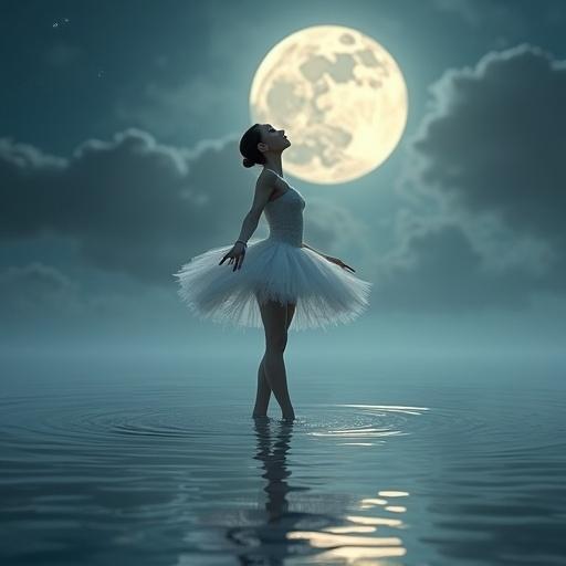 A ballet dancer stands in a lake at night. She wears a white tutu and gazes at the moon. The moon reflects on the water surface. The scene conveys elegance and tranquility.