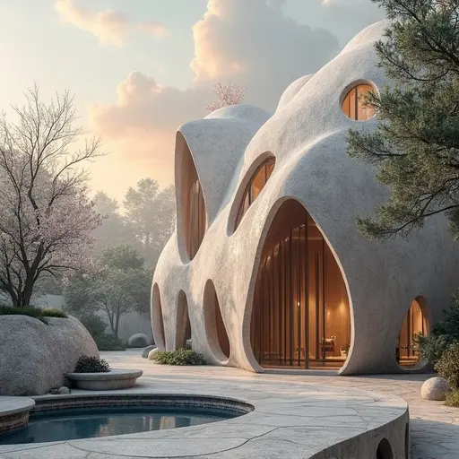 This image depicts a surreal house that resembles organic shapes. The structure has curving, soft lines and rounded windows. The surrounding area has trees and a pool. Cherry blossom trees adorn the landscape. The sky is clear with soft clouds. The scene captures morning light illuminating the building.