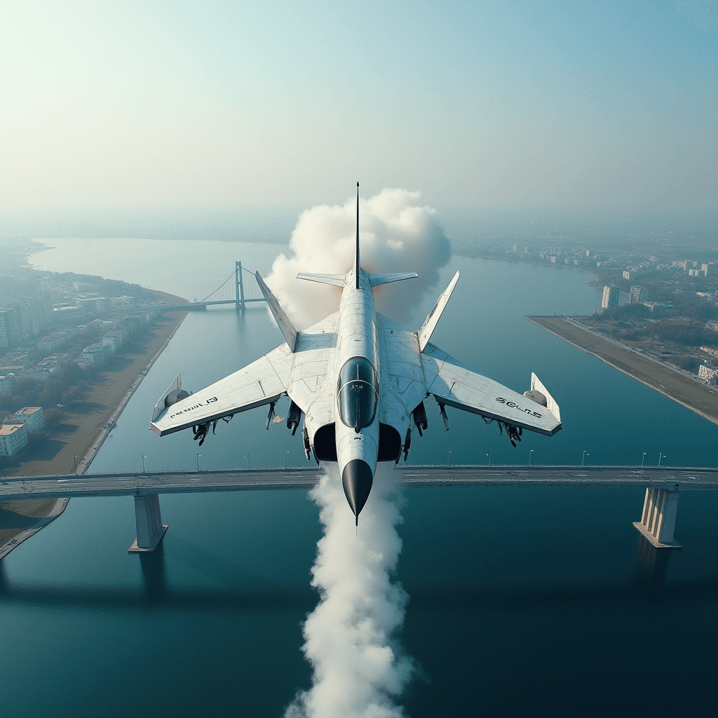 A jet soars above a city bridge, trailing a plume of smoke against a clear sky.