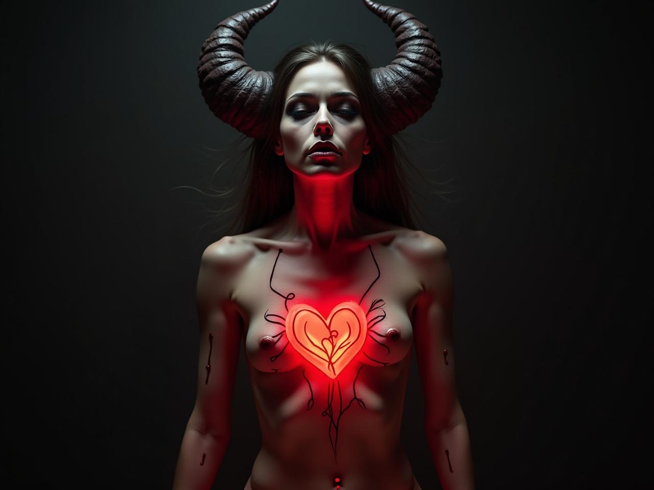 The image depicts a female demon with striking features, enhanced by large, curved horns that frame her face. Her chest is bare, showcasing a heart that glows bright red through her translucent skin, creating a captivating contrast. The background is dark, emphasizing the mysterious and otherworldly vibe of the subject. The artwork conveys a sense of power, allure, and a hint of danger, characteristic of mythological representations of demons. The overall tone is both seductive and formidable, invoking various emotions in the viewer.