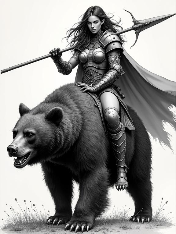 A comic illustration featuring a female goblin. She is holding a spear and wears heavy armor. She rides a black bear. The style includes detailed skin and fabric, with bold outlines. The composition is cinematic and uses high contrast.