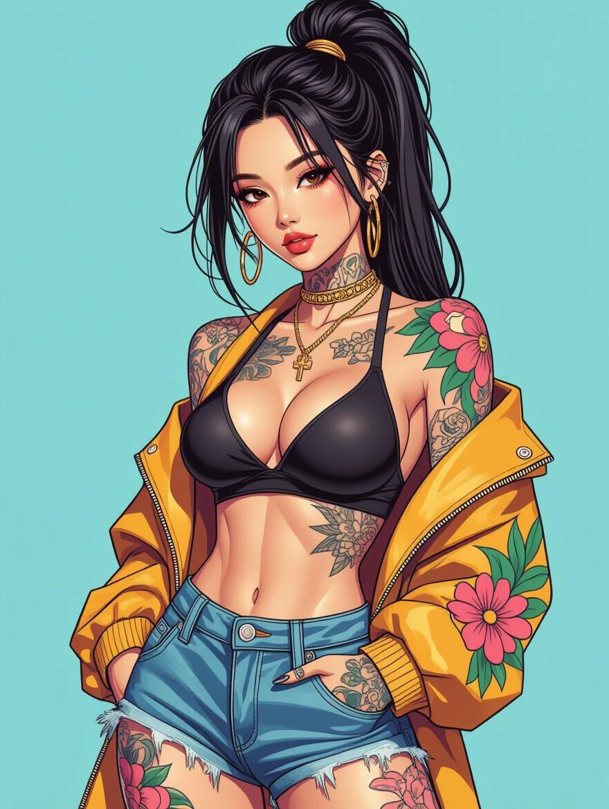 A stylish model with tattoos wears a black bikini top and shorts. A colorful yellow jacket enhances her look. The image is in comic book style.