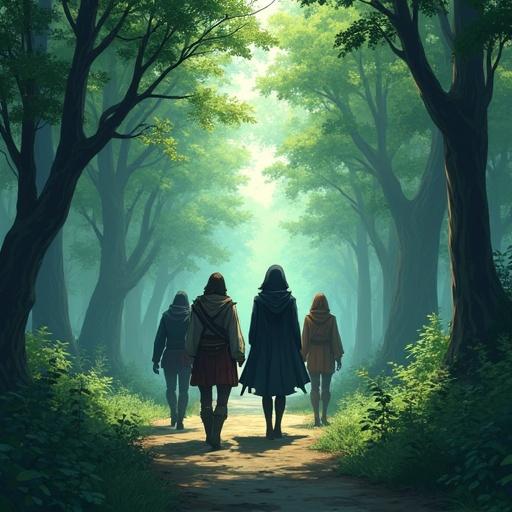 Anime style RPG characters walking away from the camera in a lush forest. Characters include an assassin, warrior, mage, and priest.