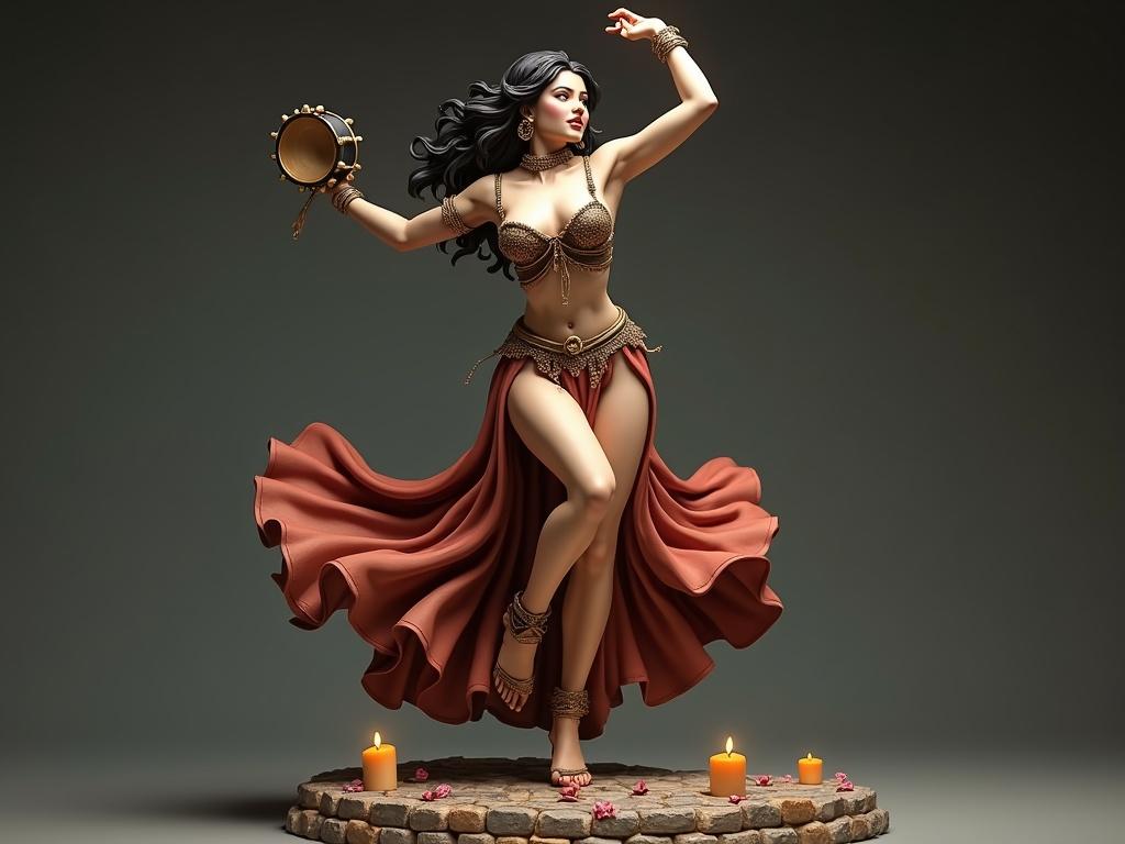 A hyper-detailed resin statue of a powerful dancer in mid-motion. She performs an elegant gypsy dance with one leg extended. Her skirt swirls dramatically revealing smooth thigh. Her pose is confident with arms raised holding a tambourine. Fashioned in a low-cut corset with a high-slit skirt. Long dark hair falls around her shoulders. Adorned with hoop earrings and golden accessories. Expression embodies playfulness and defiance. The base has antique cobblestones, candles, and scattered petals. Soft lighting and ultra-realistic texture complete the scene.
