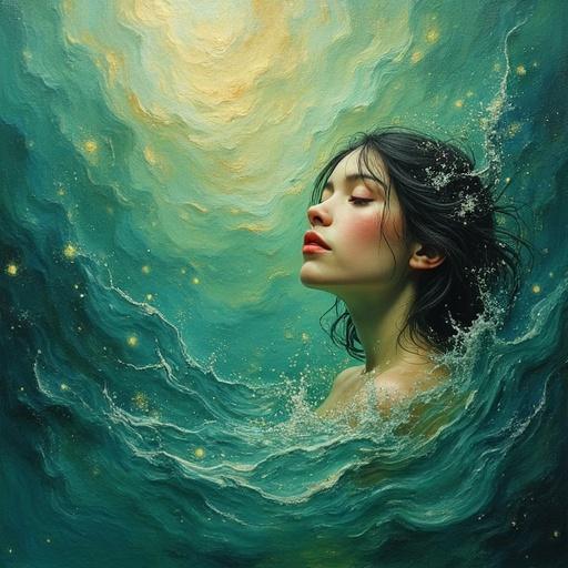 A portrait of a young woman emerging from fluid, colored water. Dreamlike and whimsical atmosphere. Soft and natural composition with deep greens and hints of gold and silver. Emotionally evocative.