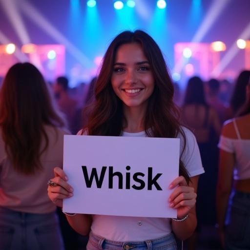 Photorealistic selfie of a beautiful young woman smiling. She has long wavy dark brown hair and wears a white t-shirt with Google logo and light-wash high-waisted jeans. Her outfit includes a silver bracelet. She holds a white sign saying 'Whisk' in bold black letters. The background features a crowded nightclub with dramatic blue and purple laser lighting. The atmosphere feels energetic and warm.
