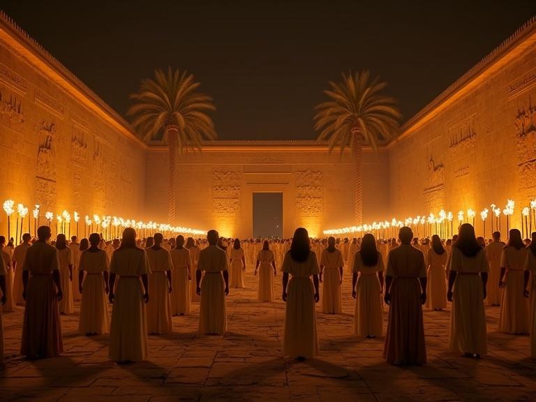 Wide IMAX-format shot of an Ancient Egyptian temple courtyard at night. Thousands of torches illuminate a large crowd in silence. Men women and children in authentic Pharaonic clothing gathered. Temple features lotus-topped columns and statues. Pharaoh in golden attire at center.
