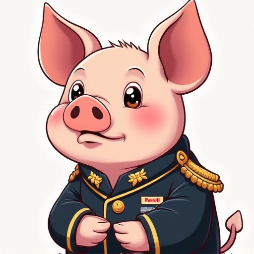 Anime drawing style of a cute pig in a colonel's uniform.