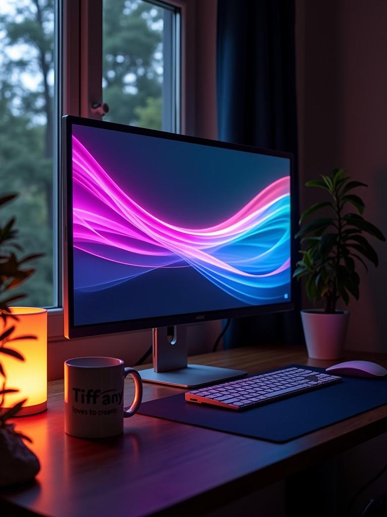 Image of a cozy modern computer setup. The room is dimly lit. A wide-screen monitor shows vibrant multicolored waves. Waves transition from purple and pink to blue and turquoise. A minimalist keyboard and mouse are on a dark mat. A small potted plant sits on the desk. A mug with the inscription 'Tiffany loves to create' adds flair. A warm-lit lamp casts a gentle glow. A window in the background shows blurry trees, suggesting early morning or late afternoon ambiance.