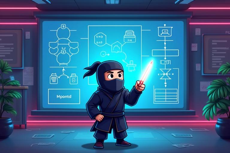 Cartoon-style YouTube thumbnail. Ninja stands confidently in front of a giant holographic flowchart. Ninja holds a glowing pointer. Background features futuristic design with soft neon lighting. Text at the top says Master Algorithms Like a Ninja in glowing neon.