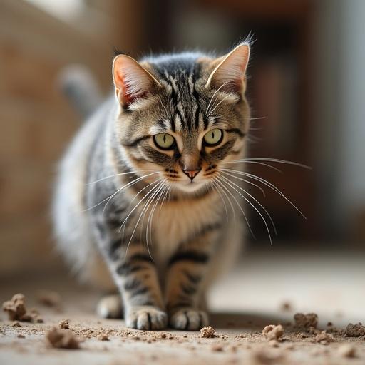 A striped cat stands on a wooden floor. The cat has large eyes and prominent whiskers. It appears curious and alert. There are small bits of dirt scattered on the floor, displaying a playful environment.