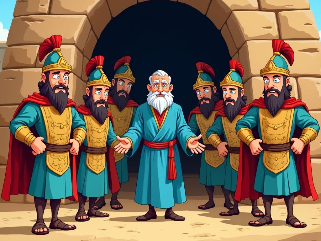 In ancient Babylon, a vibrant and cheerful cartoon illustration depicts a group of soldiers in ornate, detailed uniforms, showcasing exaggerated sneaky expressions that highlight their devious intent. They are escorting an elderly man named Daniel, who is dressed in flowing blue robes, symbolizing his faith and wisdom. Daniel's calm demeanor contrasts sharply with the soldiers' scheming looks. The setting includes the ominous entrance of a shadowy lion's den, evoking a sense of tension. In the background, there are subtle hints of the majestic Babylonian architecture, enhancing the historical context of the scene.