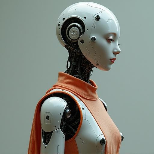 Robot girl inspired by Ex Machina. Full body view of a humanoid robot with a human-like face. Wearing clothing over synthetic skin. Side profile displayed.
