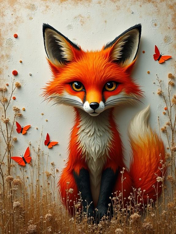 Foxy Lady is represented with rich textures. Mixed media artwork combines various materials. Elements include newspaper, wood, glittering confetti, and jute fibers. The background features soft colors and layered textures. A sense of depth is created with a multitude of structures. The composition is beautiful and visually stunning. This artwork stands out through its luminous and evocative design.