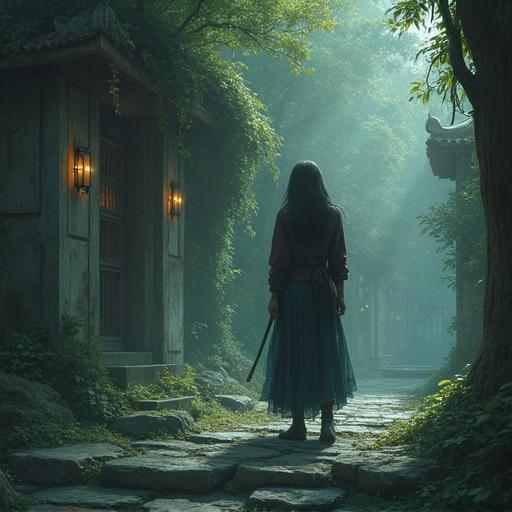 A cinematic photo featuring a solitary figure in a misty forest. The scene captures a haunting atmosphere with a sense of adventure. The setting is realistic with soft light and lush greenery.