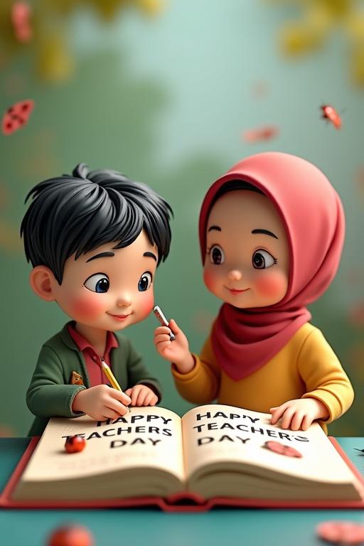 3D boy and hijab girl decorate a book with Happy Teacher's Day greeting while nature elements surround them.