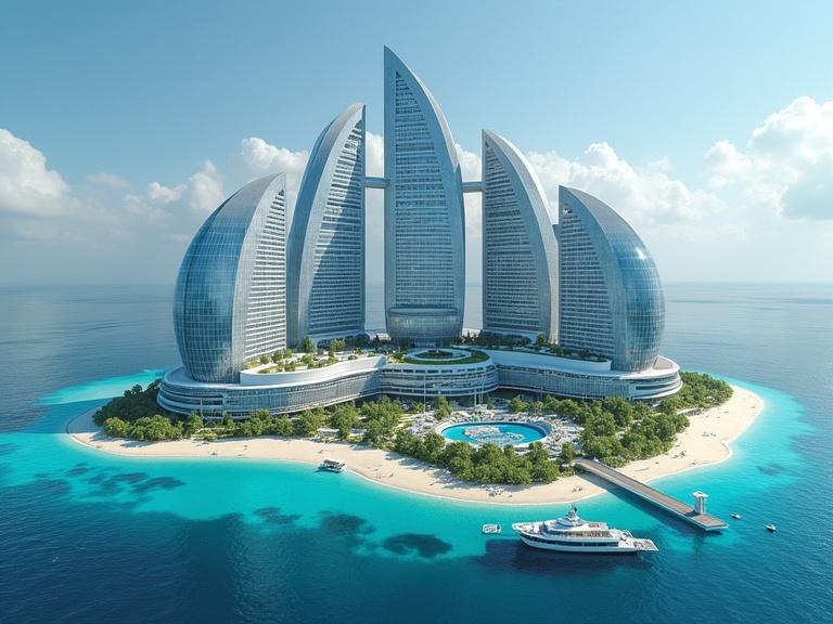 Ultra realistic photo of a futuristic hotel on an island featuring multiple sleek towers amidst turquoise waters and lush greenery.