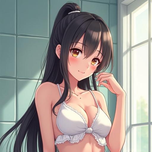 Anime character wearing a swimwear in a bright bathroom with a window. Long black hair and playful expression.