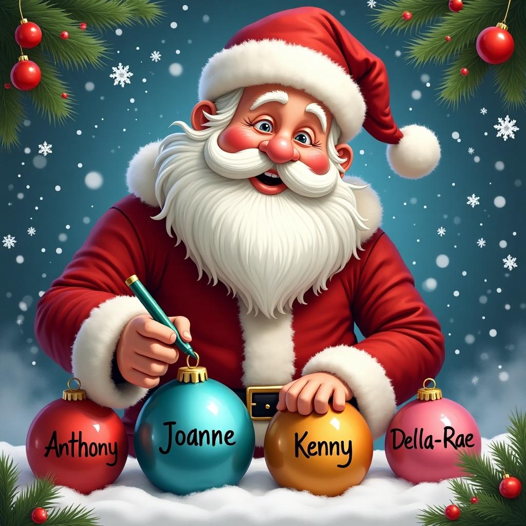 This image depicts Santa Claus joyfully writing names on colorful Christmas baubles. He is surrounded by a snowy backdrop decorated with festive greenery. The baubles feature the names 'Anthony,' 'Joanne,' 'Kenny,' and 'Della-Rae.' Santa wears his traditional red suit and has a big cheerful smile. The colors are vibrant, enhancing the holiday spirit. This scene embodies the warmth and joy of the Christmas season, highlighting the theme of personalization during holidays.