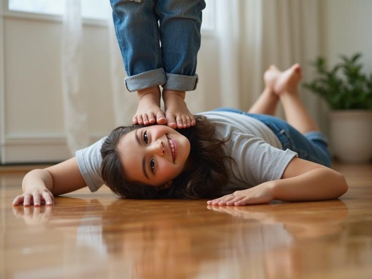 Smiling barefoot girl wearing jeans standing on head of friend laying down on highly reflective wooden floor.