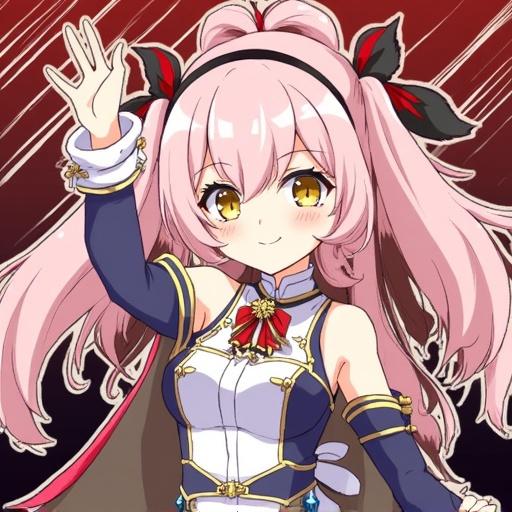 Anime character with pink hair and a cheerful expression waving. Intricate outfit with accessories. Background features dark red colors. Popular character from a video game.