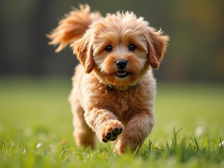 A cavapoo running joyfully in a grassy field. The dog has fluffy golden fur and a playful expression. The background is blurred, focusing on the dog in motion.