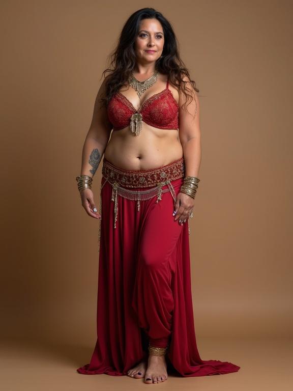 Belly dancer performed by a mature woman with a plump figure and wide hips. The dancer has long hair and is barefoot with manicured colorful toenails. She wears anklets and has a decorative belt. The background is neutral.
