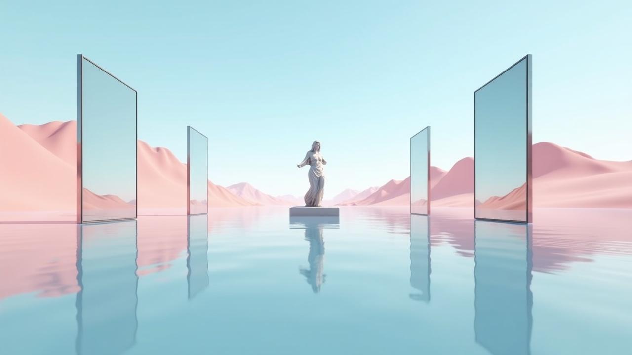 This image depicts a serene and surreal landscape featuring a central statue surrounded by reflective glass panels. The statue is placed on an elevated base over a calm body of water. Soft pink mountains loom in the background under a clear blue sky. The glass panels create an intriguing visual effect, mirroring the landscape and adding depth to the scene. The overall composition evokes a sense of tranquility and artistic contemplation. It is suitable for various creative applications in art and design.