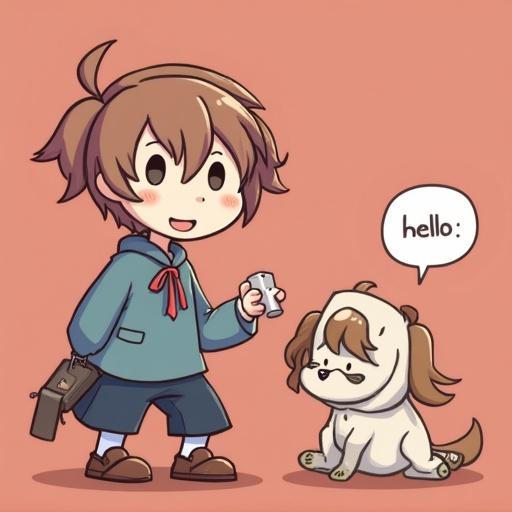 A cute boy with brown hair holding a cup and smiling stands next to a dog that says hello. The dog has floppy ears and wears a small costume. The background is light pink.
