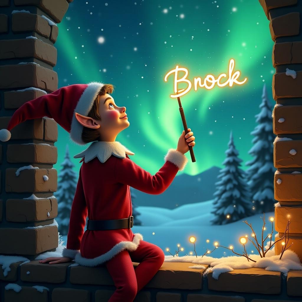 A traditional elf on the shelf, dressed in festive red, is gazing up at the mesmerizing northern lights at the North Pole. In this magical setting, the elf is using a wand to write the name 'Brock' in the air. The scene is playful and filled with holiday cheer, showcasing snow-covered trees and a cozy window frame. The elf's expression is filled with wonder and excitement as the lights dance in the sky. The warm glow around enhances the festive atmosphere.