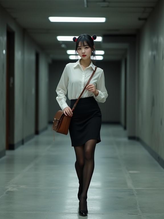 Full-body photorealistic image of an East Asian female agent. She walks gracefully through a corridor of an abandoned building. Black pantyhose and black low block-heeled shoes. Crisp-white blouse and black knee-length straight skirt. Brown satchel slung over her figure. Black hair in a bun with a red bow. Makeup features red lips and a slight smile.