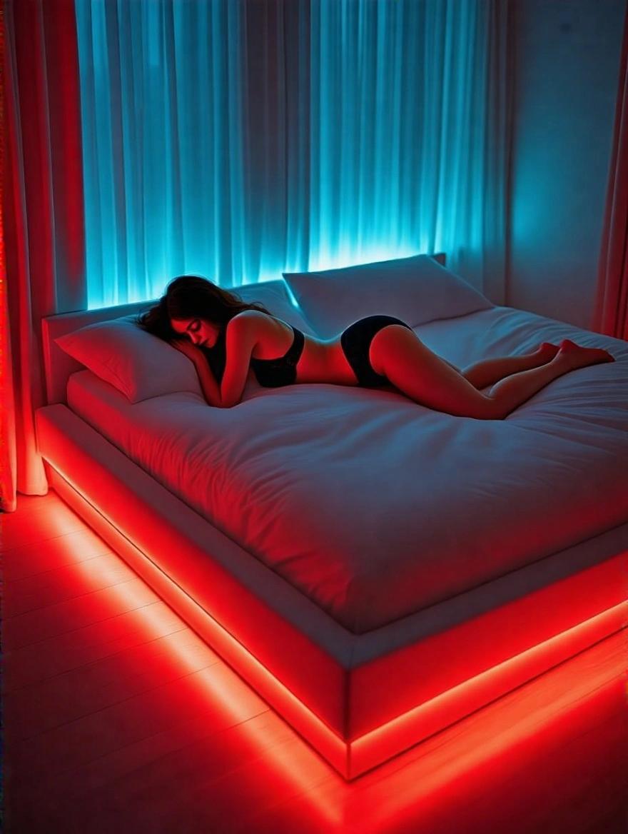 Image shows a top view of a bedroom with a bed occupying the entire frame. A woman lies on her belly in black lingerie. The room is illuminated with red light.