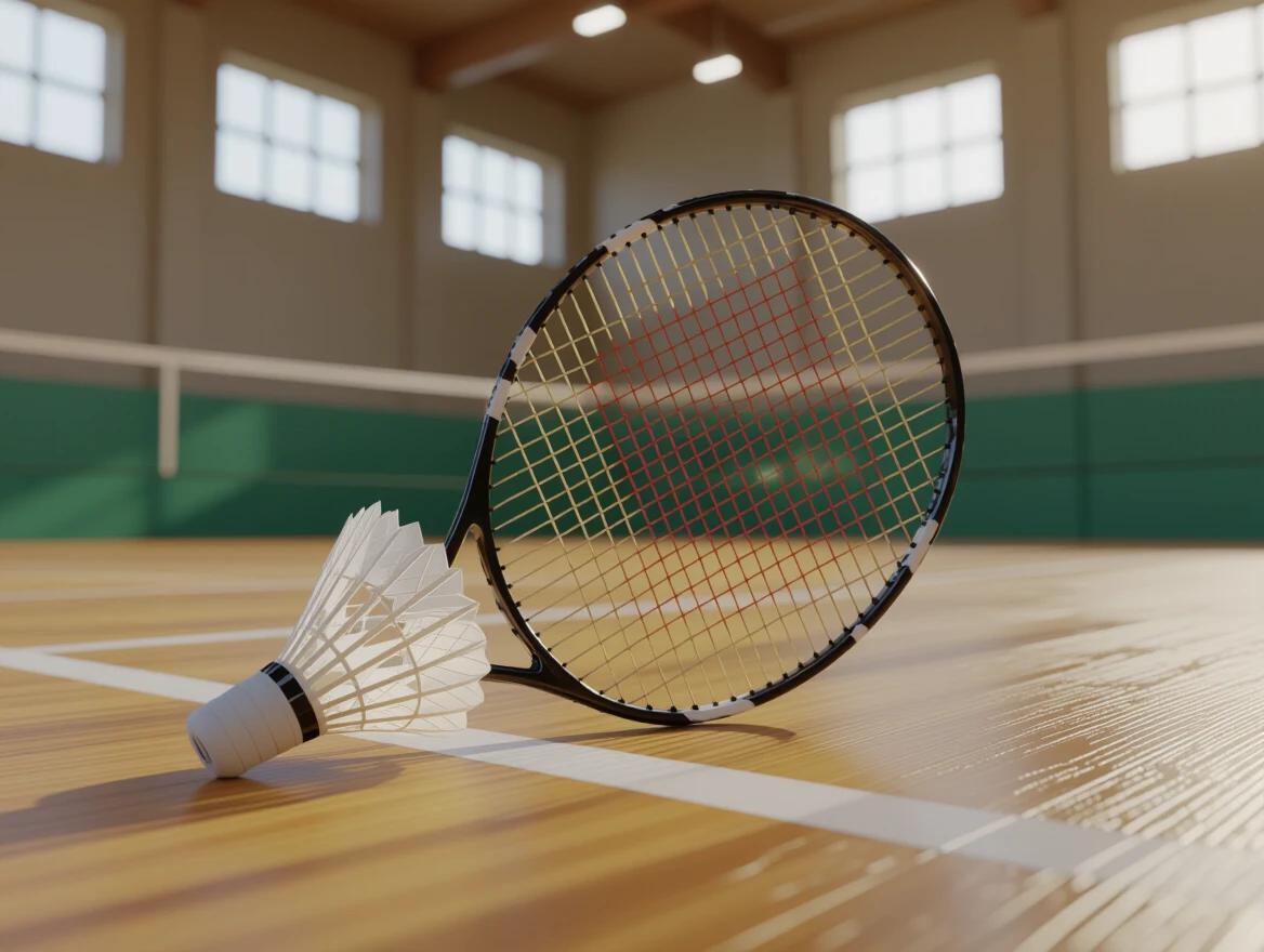 Realistic close-up of badminton shuttlecock and racket. Various angles from top side and slightly diagonal. Shuttlecock resting gently on strings. Indoor court with soft diffused lighting. Polished wooden floor with court lines. Clear textures on feathers grip and strings. No motion blur. Photorealistic 8k rendering. Clean natural sports photography style.