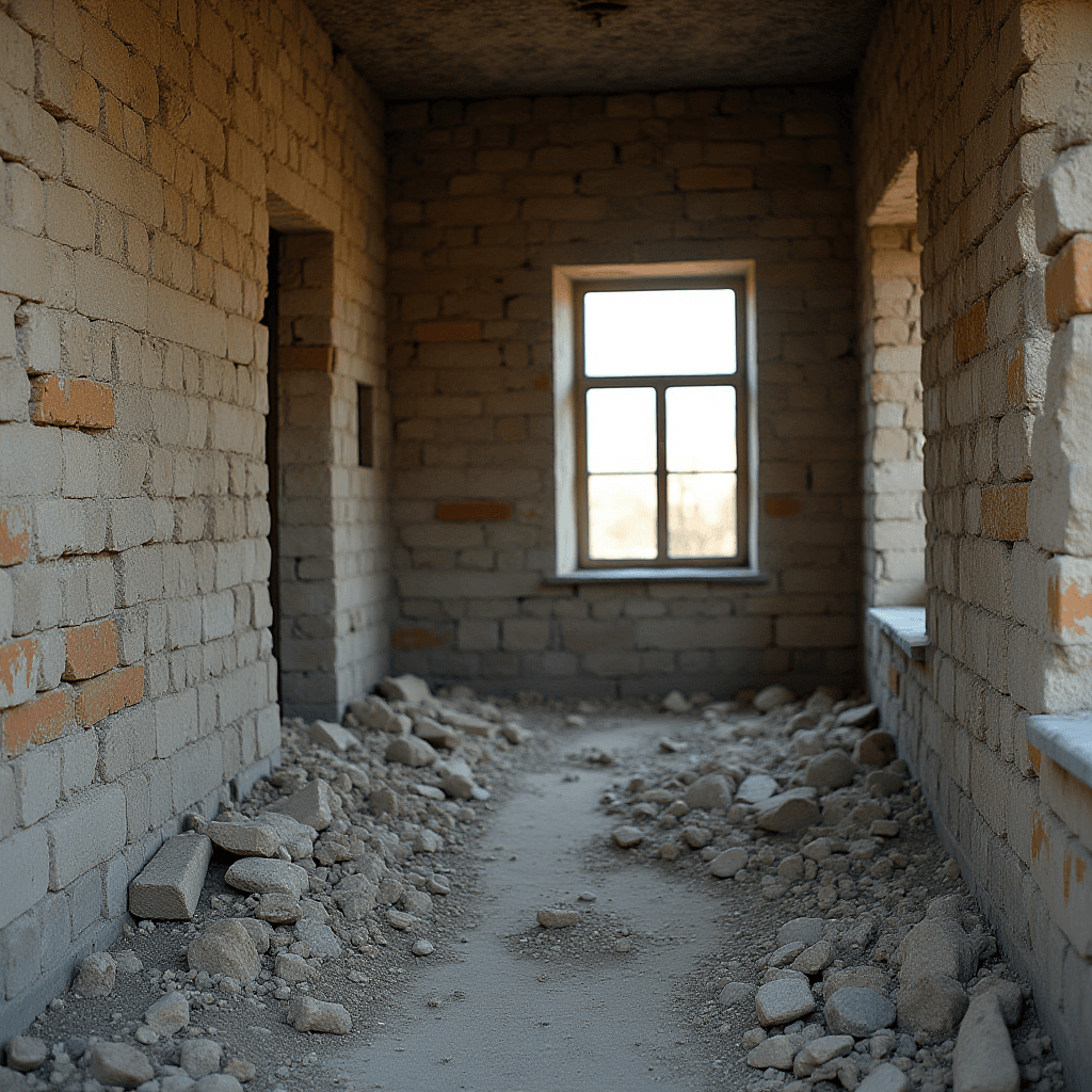 A derelict building interior with crumbling brick walls and scattered debris on the floor, partially illuminated by a window.