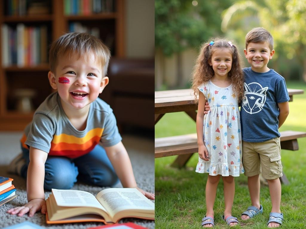 Create a family photo that captures joyful memories. On the left, show a young boy wearing a colorful shirt, smiling widely and sitting on the floor, surrounded by books in a cozy indoor setting. On the right, depict a girl and a boy standing outside in a green grassy area, both wearing playful outfits. The girl has a pretty face painting on her cheek, and the boy has a cheerful expression with a fun graphic tee. In the background, include wooden picnic tables and a cheerful outdoor atmosphere. Ensure the overall ambiance reflects happiness and togetherness.