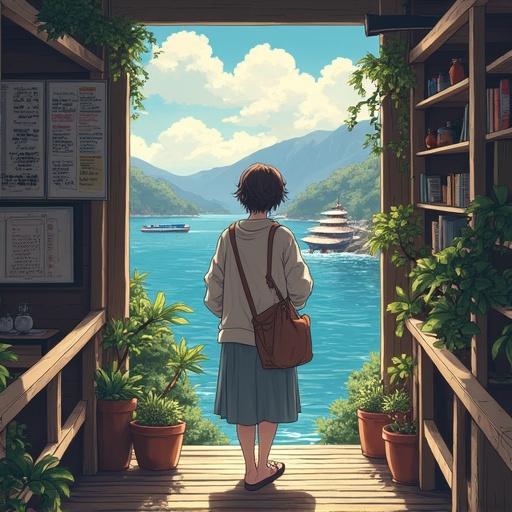 A serene seaside scene viewed from inside a cozy space. A young figure gazes at the landscape featuring mountains and water. The atmosphere is calm and nostalgic, enhanced by soft lighting.