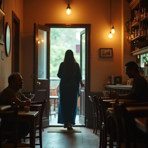 Inside a cozy café, a woman enters through the door. Soft lighting fills the room. Vintage furniture creates a warm atmosphere. The woman wears a midnight blue silk saree. She has shoulder-length black hair. A man in the corner looks surprised. The café has a peaceful vibe.