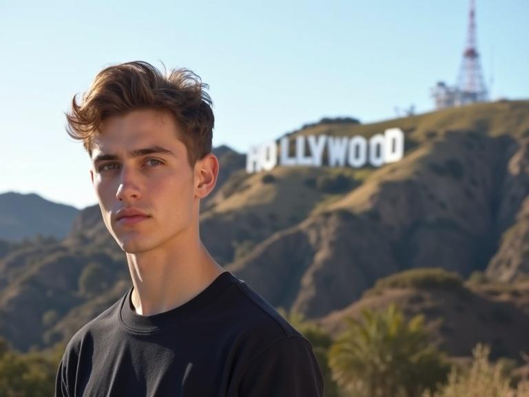 A young man stands against a mountain. Hollywood sign is visible in the background. The young man has short hair and a neutral expression. The lighting is bright and natural. The scene captures the essence of Los Angeles.