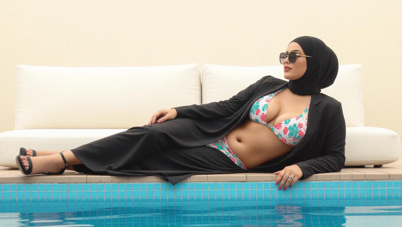 Hijabi lady wearing high bikini and heels laying by pool on sofa