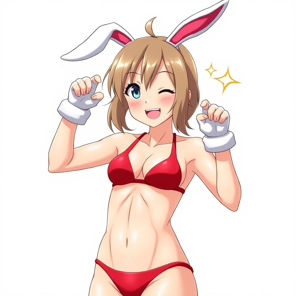 An anime-style character in a red bikini with bunny ears and mitts posing playfully