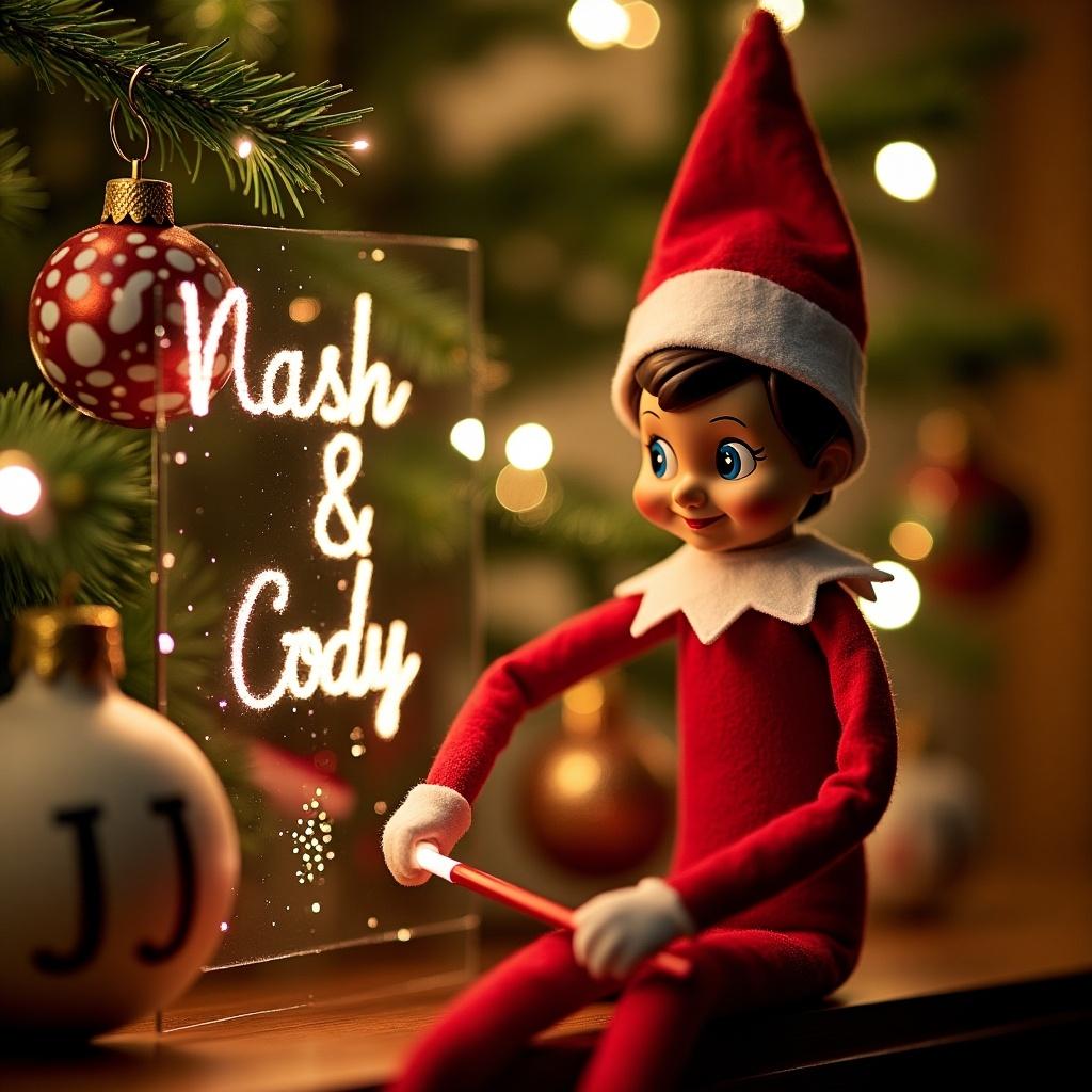 An elf on the shelf is sitting next to a Christmas tree adorned with beautiful ornaments. The elf is holding a magic wand and is using it to write the names 'Nash & Cody' in sparkling letters. The Christmas tree is decorated with red and gold ornaments, adding to the festive ambiance. The warm lighting creates a cozy atmosphere, perfect for the holiday season. This scene encapsulates the joy and magic of Christmas, highlighting personalized touches for children.