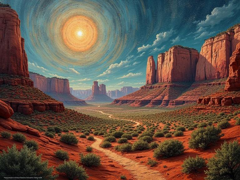 A digital artwork combining elements of ancient maps and modern technology. Features a glowing sun and binary code over a landscape reminiscent of Sedona, Arizona. Includes textures like wood, sand, and jute fibers. Evokes a mystical and cyber-ancient theme.